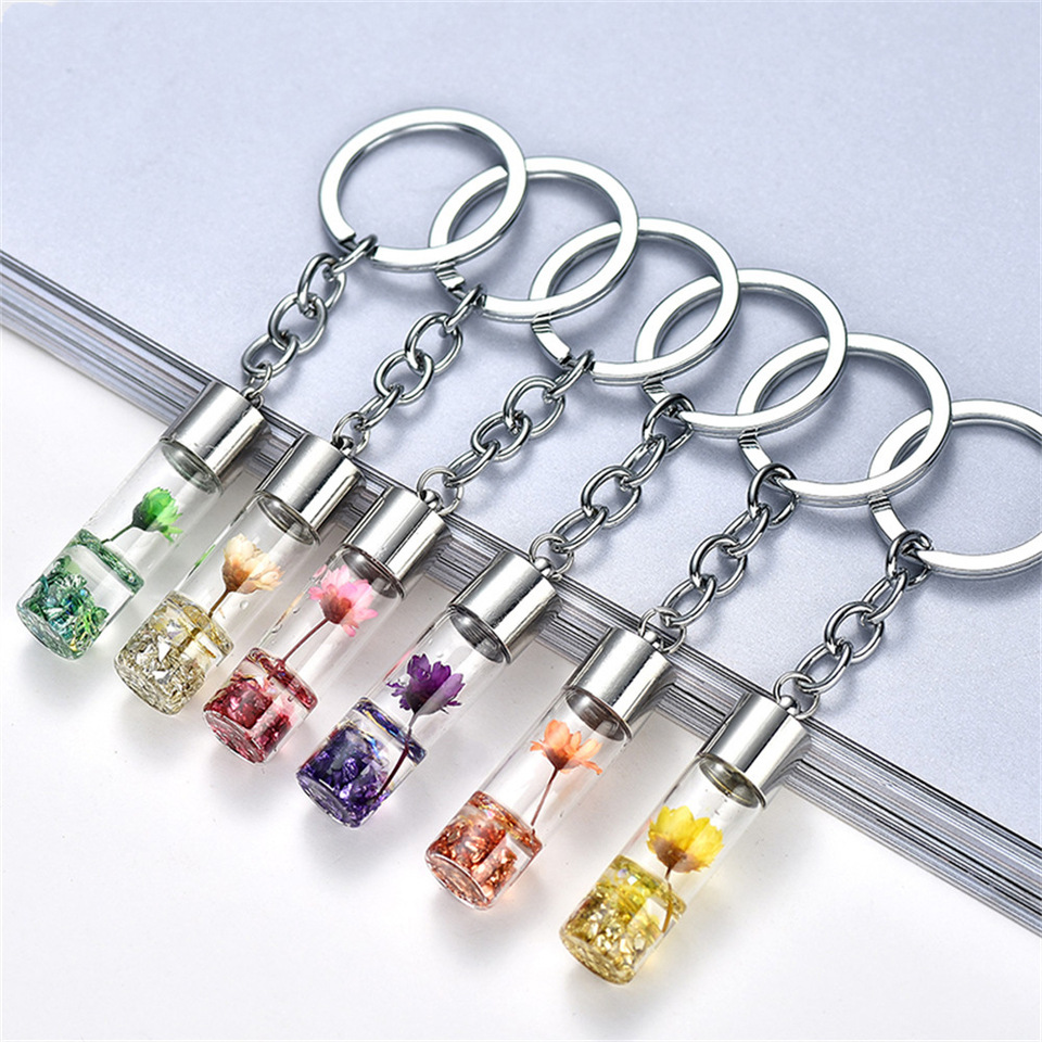 Fashion Eternal Flower Keychain 3D Rose Camellia Key Chain Ring Wishing Bottle Keyring Pendant Women Bags Accessories Gift