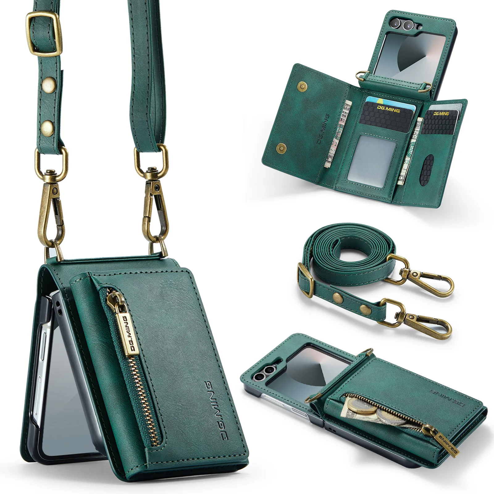 Luxury Leather Flip Phone Case with Magnetic Wallet and Zipper Lanyard