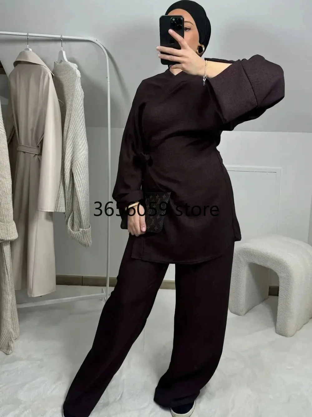 Muslim Sets 2 piece Crinkled Fabric Wrap Tie Kimono Top Wide Legs Muslim Sets 2 piece Crinkled Fabric Wrap Tie Kimono Top Wide Legs