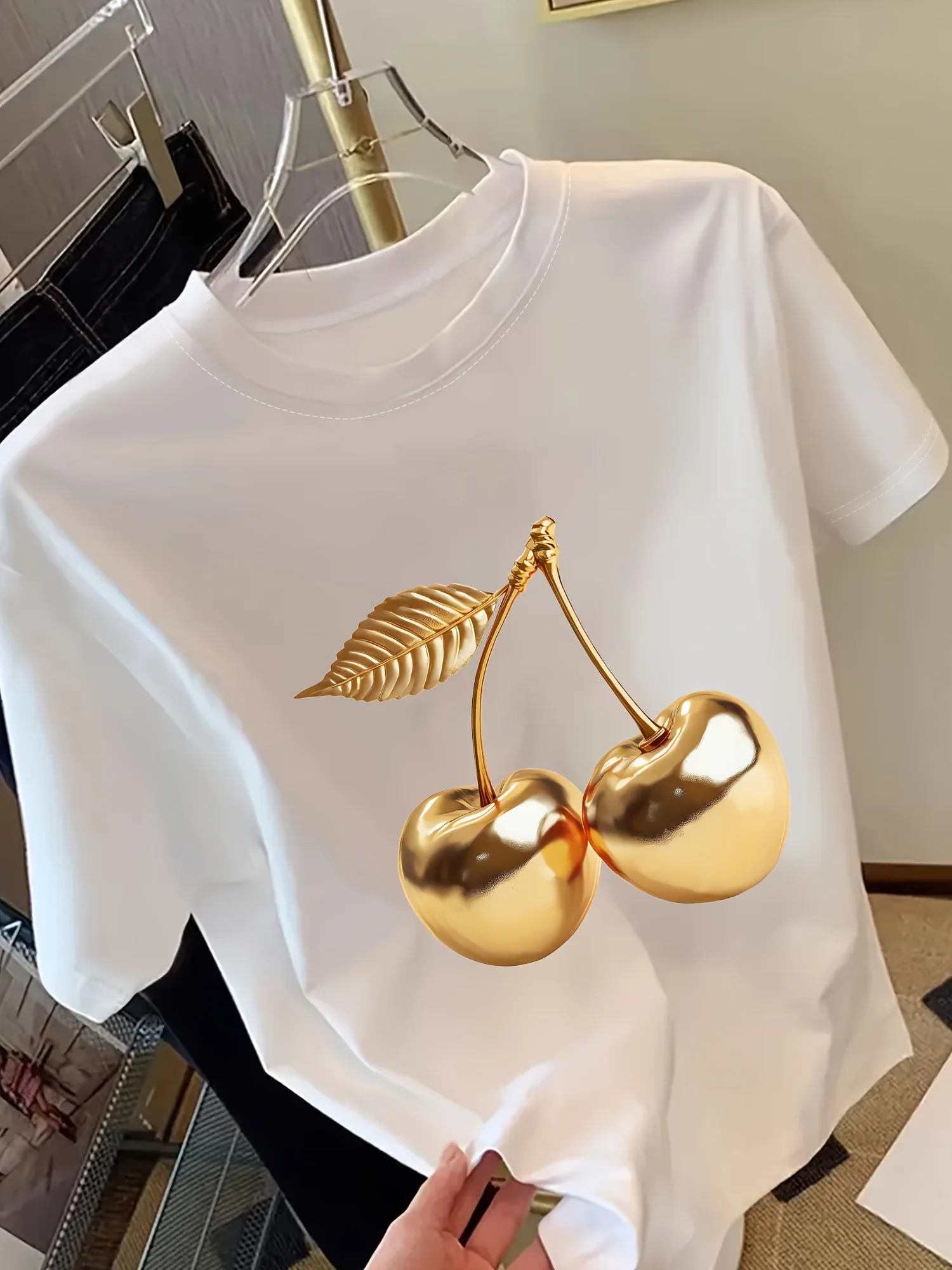 Golden Cherry Print Women Short Sleeve T-Shirt Stylish Casual Tee a Sense of Elegance Versatile Top for Women Minimalist Design 3