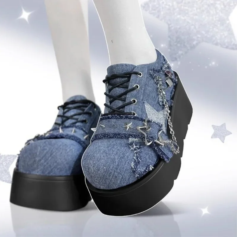 Platform Cunei Pompe Per Donna Y2K Mary Jane Pompe Primavera Autunno Lace Up Chunky New Rock Shoes Metal Mary Janes