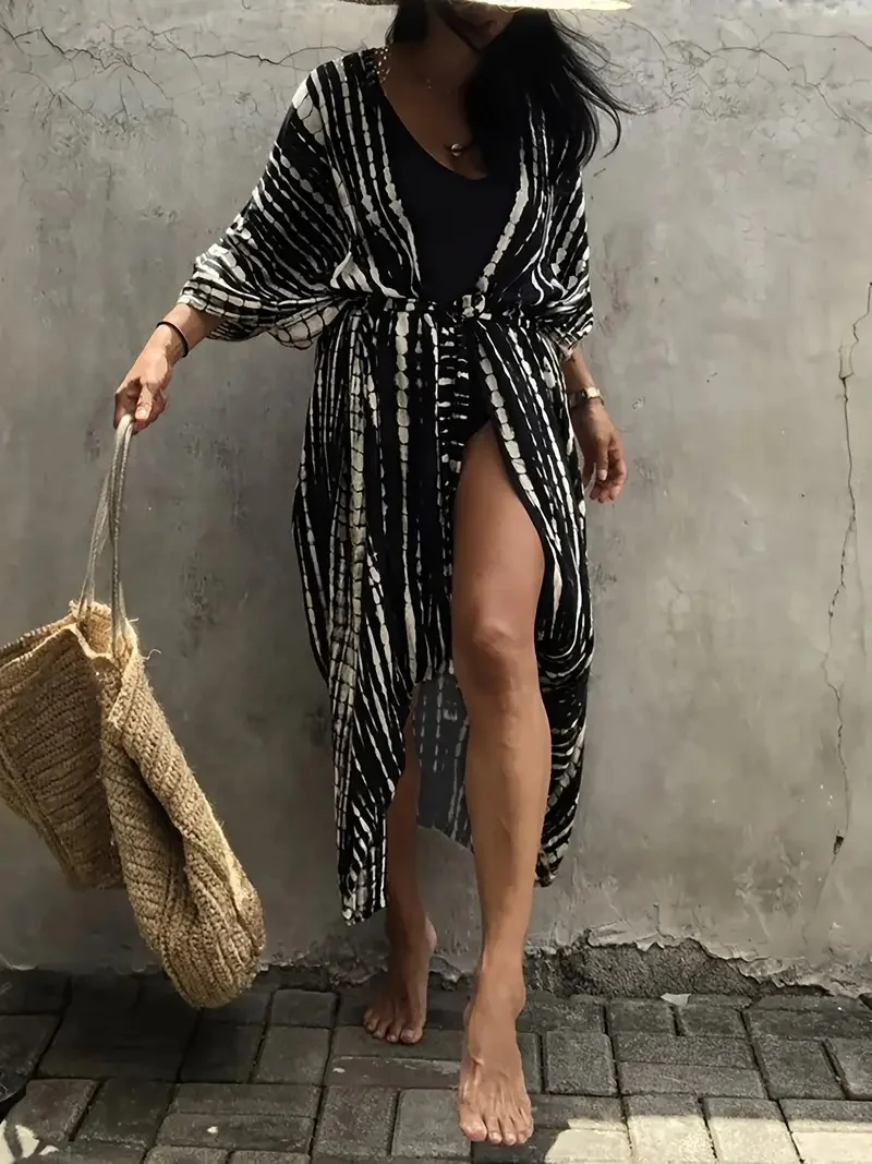 Stylish Tie Dye Open Front Long Kimono Swimsuit Cover up for Women 2