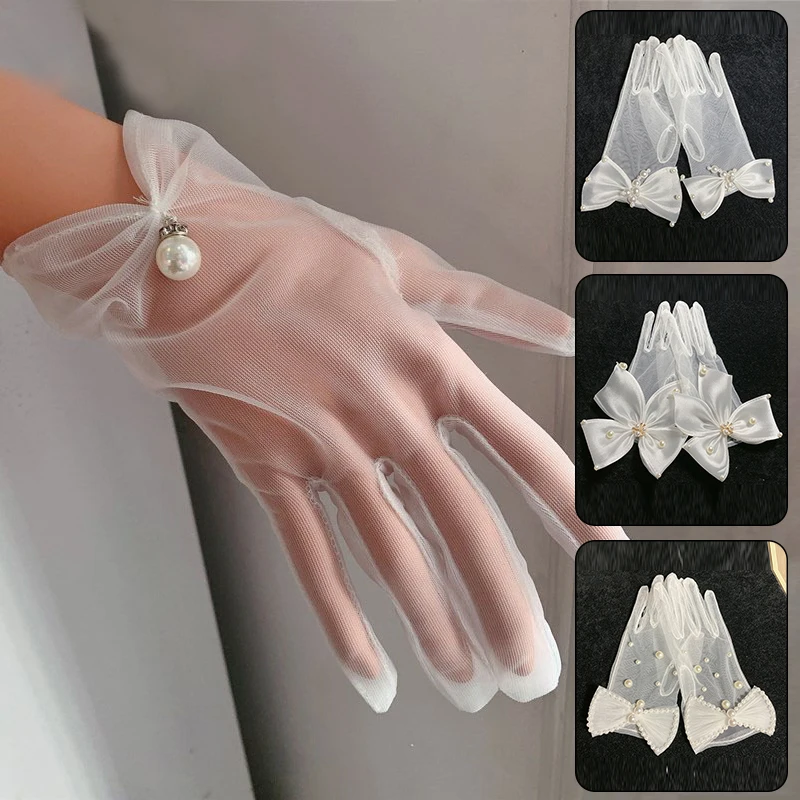 Elegant Ladies Lace Silk Bow Gloves Ultra Thin Stretchy Sheer Tulle Gloves Black White Mittens Bride Wedding Prom Party Supplies lace gloves wedding dress gloves