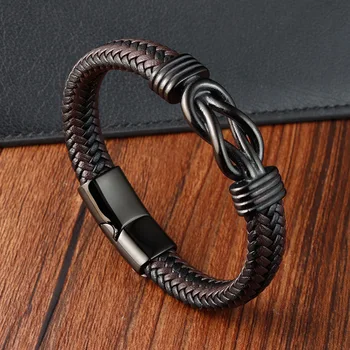 Simple Multi-Layer Woven Genuine Leather Chunky Vintage Jewellery Stainless Bracelet Silver Gift For Men