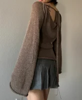 Fashion Women's T-shirt Tie Back Sweaters Long Sleeve Boat Neck Solid Color Knit Pullover Casual Tops Streetwear Y2k Summer Cami - Image 3