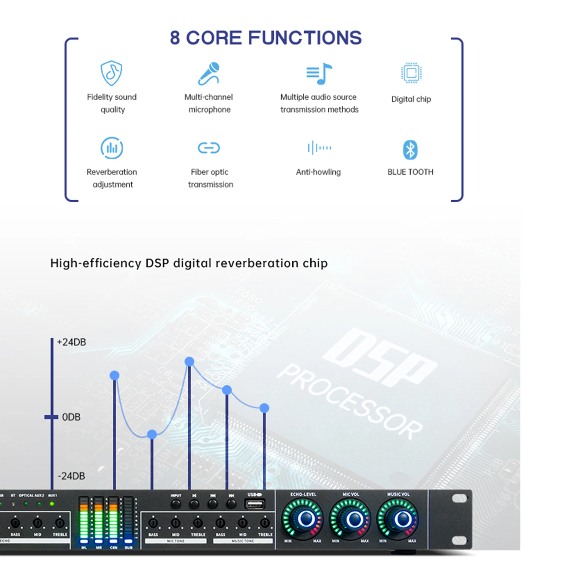 FX12 Karaoke Pre-effects KTV DSP Audio Processor Professional Digital Audio Echo Effect Anti Howling Processor With Bluetooth