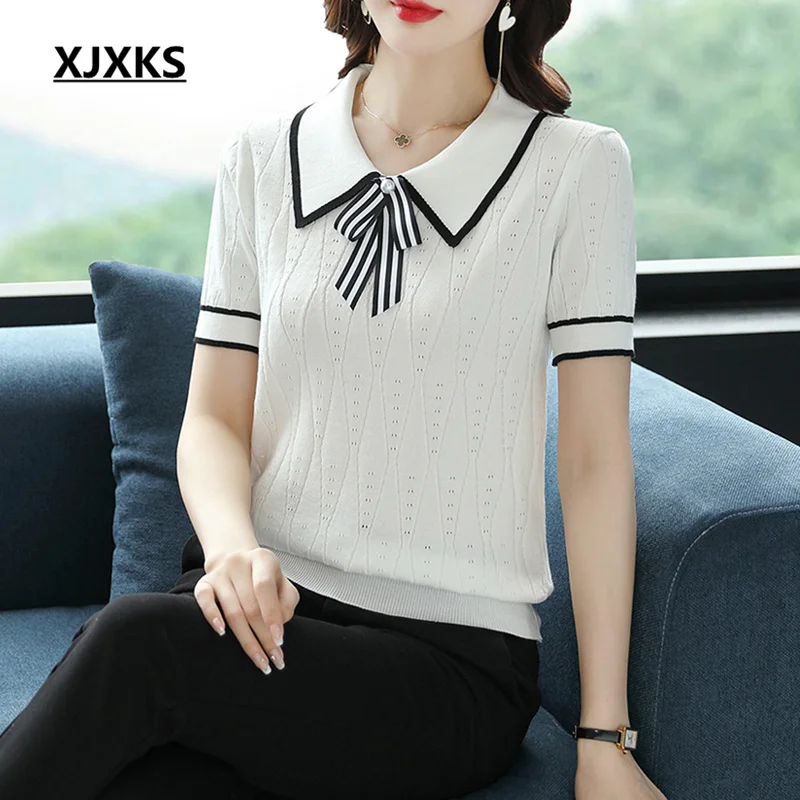 

XJXKS Fashion Lapel Bow Short Sleeve Top Women's Camisetas 2022 Summer Newest Premium Version T-shirt