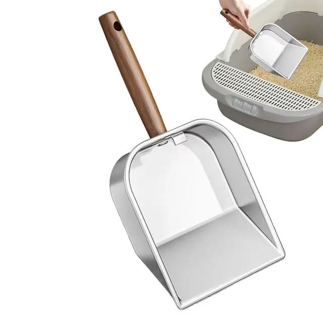Stainless Steel Cat Litter Scoop Long Handled Wooden Handle Litter Box Shovel Deep Shovel Hollow Design 3
