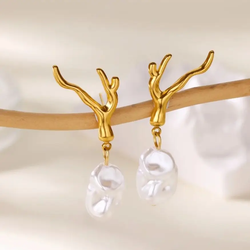 Stainless Steel Coral Imitation Pearl Earrings For Women 18K Gold