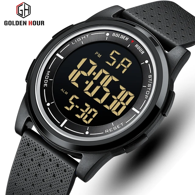 GOLDENHOUR Fashion Outdoor Sport Watch Men Multi-functional Alarm Clock Chrono 5Bar Waterproof Digital Watch Silicone Strap