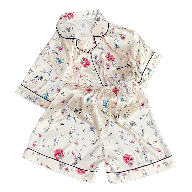 Ling 2PCS Short Sleeved Set for Summer Pajamas Little Florets Fashion Women's Home Wear Ice Silk Satin Lingerie Sleepwear Women