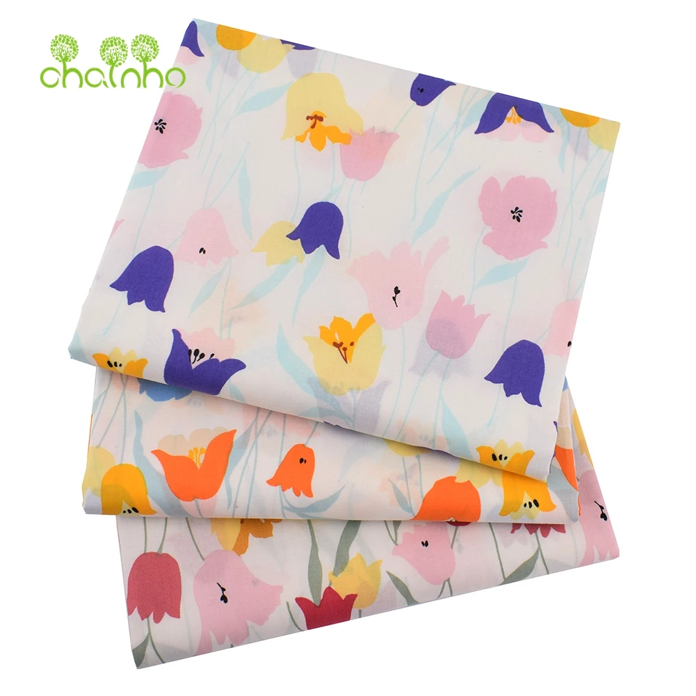 Chainho,Printed Plain Weave Poplin Cotton Fabric,DIY Sewing Quilting Material,Patchwork Cloth,Floral Series,3Sizes,15PC47