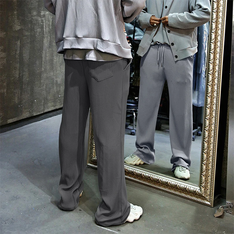 Men s Elastic Waist Trousers High Waist Loose Fit Tapered Leg Casual Solid Color Corduroy Pants with Pockets