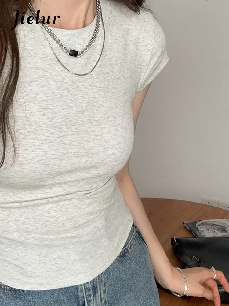 

Jielur Летняя Корейская новая Однотонная футболка тонкий Простой Модный женский топ с О-образным вырезом белый яркий серый темно-серый черный с коротким рукавом