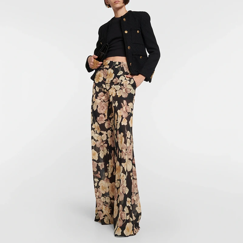 

Women's Black Floral Printed Mulberry Silk Georgette Flared Pants Premium Feeling Comfortable Casual Trousers 2023 Autumn New