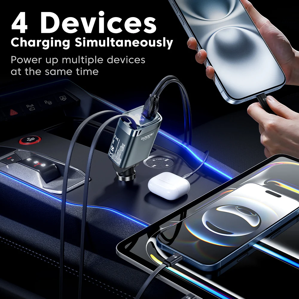 Toocki 4-in-1 Retractable 105W Fast Car Charger with Dual USB-C Ports and Digital Display