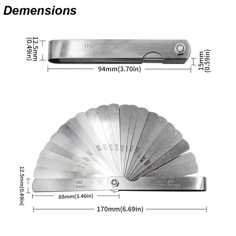 Feeler Gauge Thickness Feeler Guage 32 Blades Set Metric MM Imperial INCH Straight Gap Measure Tool Valve Calibrator Probe Motorcycle Mold