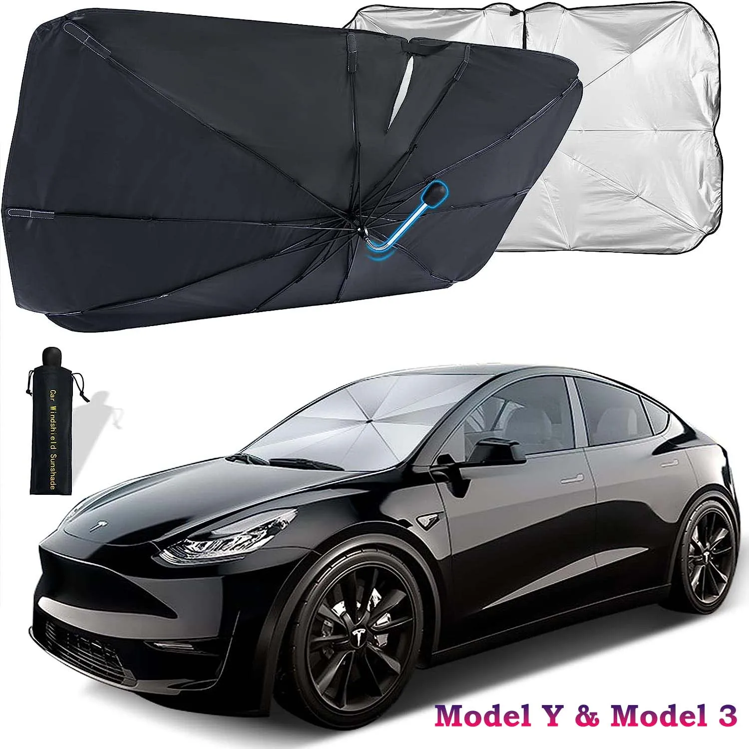 

Windshield Sun Shade with 360° Bendable Handle Foldable Sunshade Umbrella for Car Front Window Blocks UV Rays for Model 3/Y/X