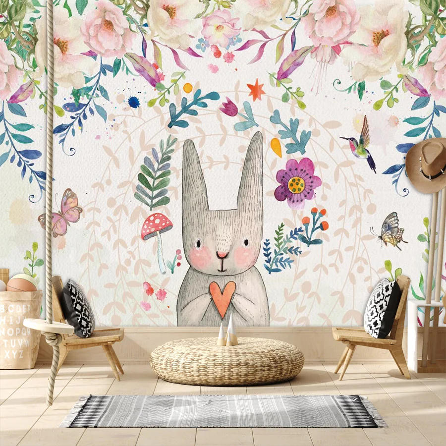 

Custom Peel n Stick Optional Cartoon Photo Wallpapers for Living Room Kids Wall Papers Home Decor Animal Rabbit Floral TV Murals