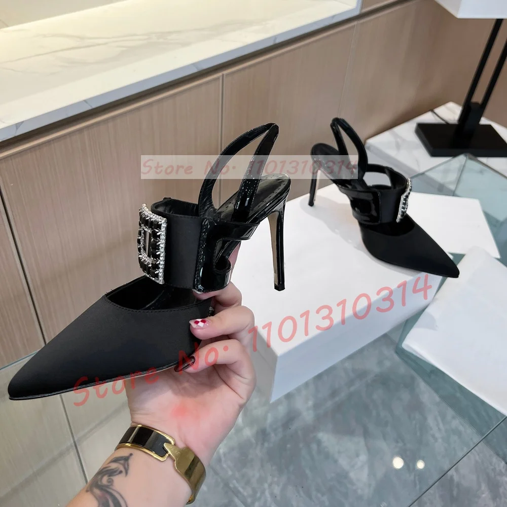 Women Slingback Sandals Black-white Plaid Luxury Pointy Stiletto High Heels Satin Shoes Summer Buckle Evening Sandals