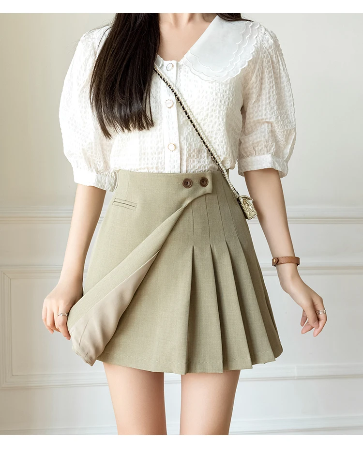 2024 New Korean Cute High Waist A-line Mini Pleated Skirt Fashion Button Female Short Skirts Woman Spring Summer Casual Skirts