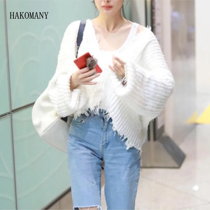 

2023 Woman oversized Fringed V neck Loose Knitted Pullover Knitwear White Black Khaki Y2K Tassel Hem Irregular Sweater