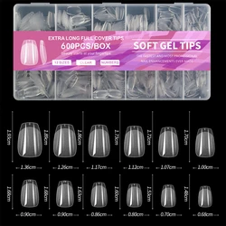 600 PCS Soft Gel X Full Cover Nail Tips - Extra Short Almond & Square Shape (Coffin-001)