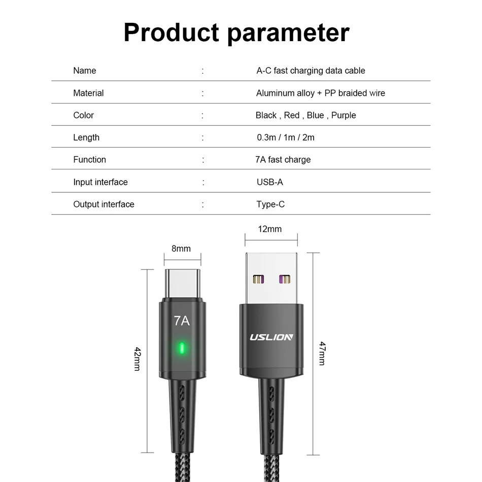 USLION 7A Fast USB C Type C Cable Fast Charging Data Cord Wire For MacBook Samsung S22 S20 Xiaomi 12 For Huawei Type C Charger