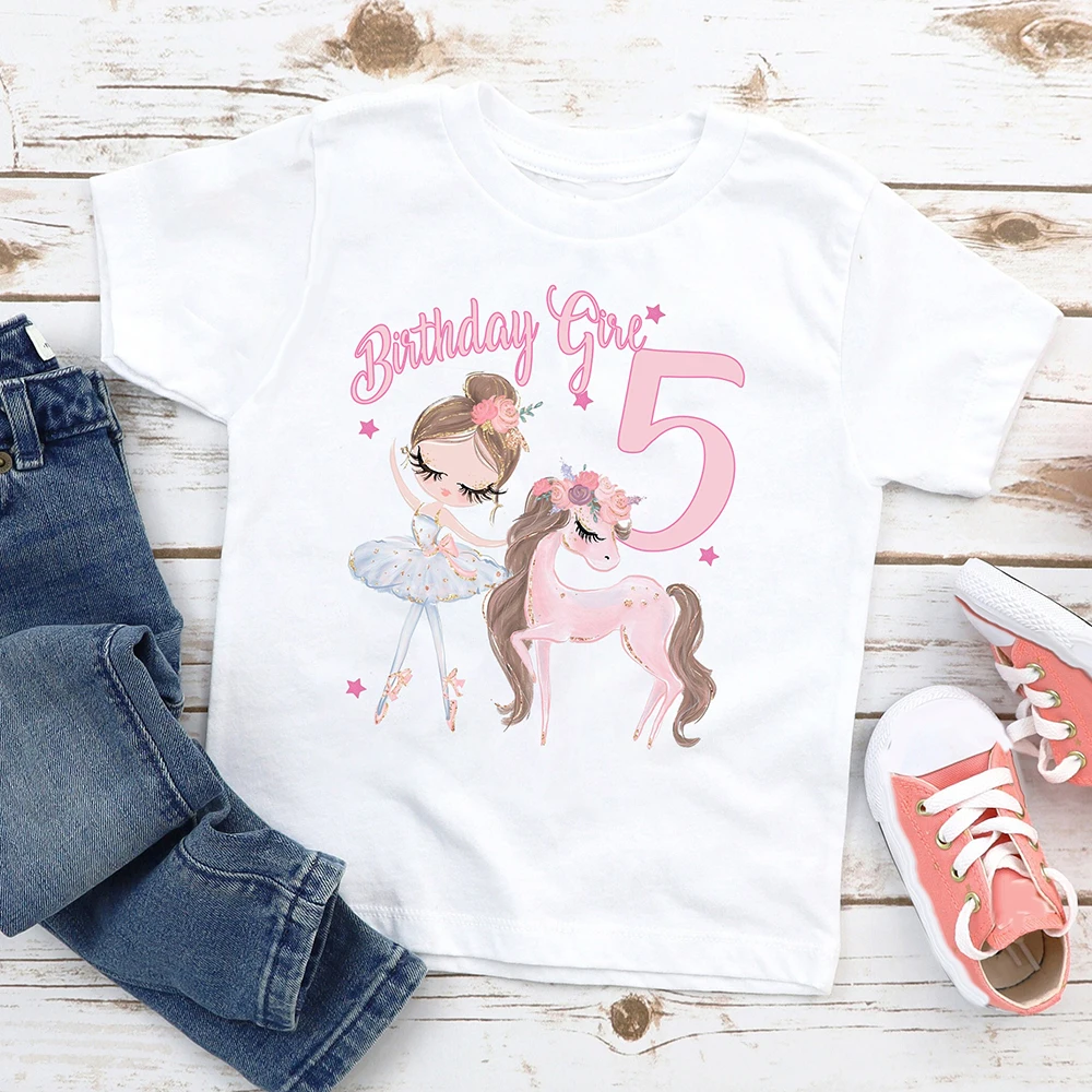 Bambini Pink Ballerina Pony Print T-Shirt 1-12 Birthday Party Outfit Top Compleanno Ragazze Maglietta Manica Corta Vestiti Regalo Per Ragazza