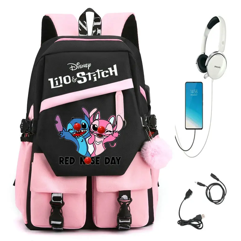 Lilo And Stitch USB Backpack Travel Female Male Laptop School Bags Usb Charge Computer School Backpacks Waterproof Bag Teen