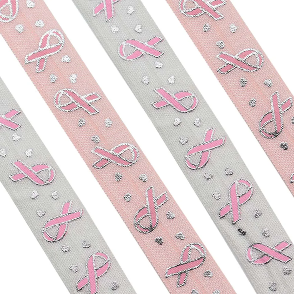 Description Picture 5 of item5/8" 15mm Gold Foil AIDS Breast Cancer Awareness Print FOE Band Spandex Fold Over Elastic For Bracelet Hair Tie Sewing Trim