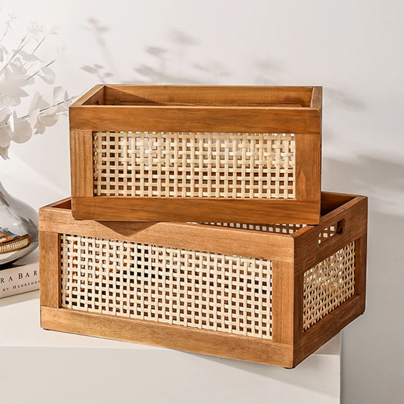 

Темно-коричневый японский Настольный ящик для хранения из твердой древесины, винтажная ротанговая сортировочная коробка для косметики