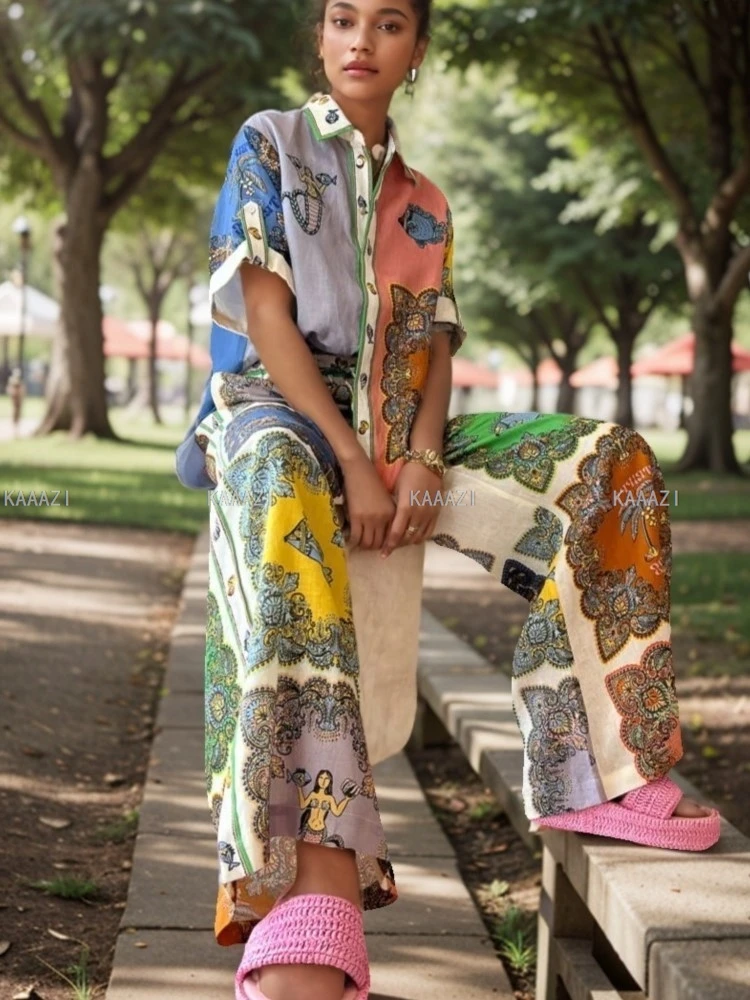 

Женский Повседневный костюм-поло, свободная блузка с коротким рукавом и принтом, топ и брюки, комплект из 2 предметов, праздничная одежда