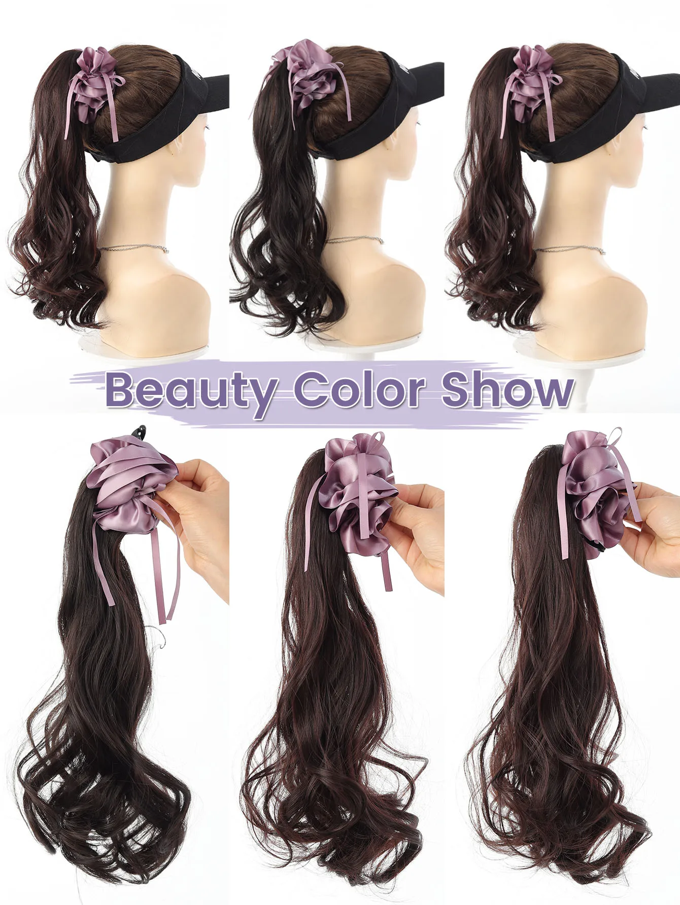 Banana Clip Long Wavy Ponytail Synthetic Clip in Hairtail Extension Fluffy Black Ponytail Wig with Red Flower Hair Accessorie