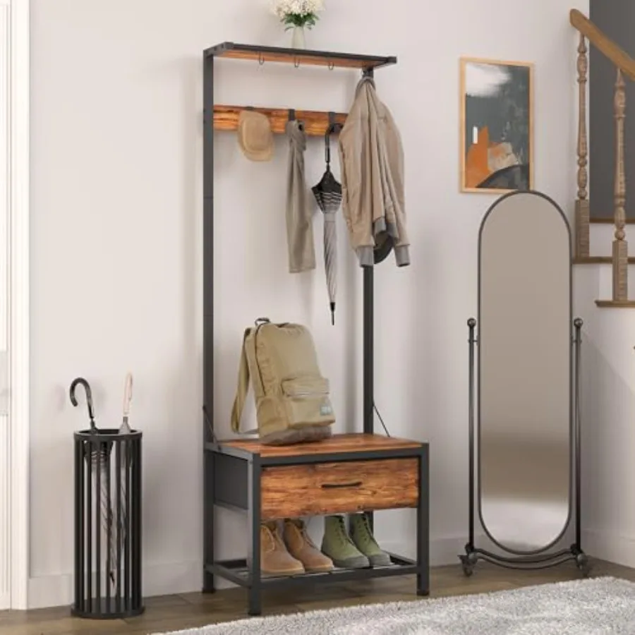 Hall Tree with Shoes Bench Small Coat Rack with Fabirc Drawer and Shelf for Bedroom 4-in-1 Entryway Organizer with Shoes Stool