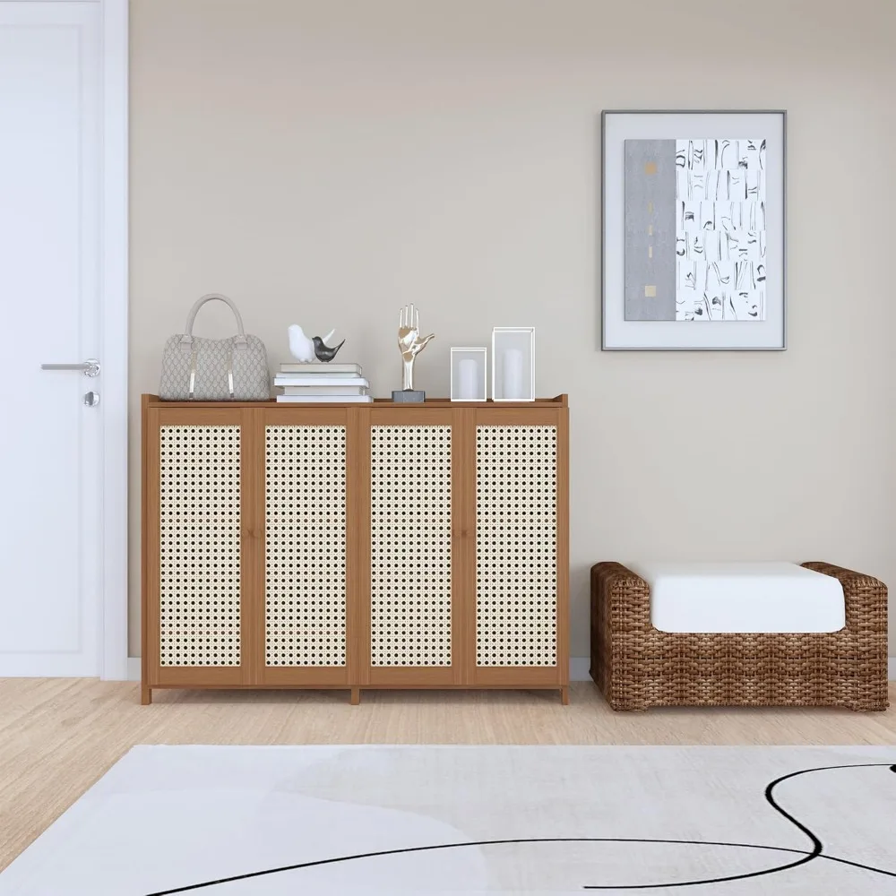 6-Tier Rattan Shoe Cabinet with Doors, 27 Pairs Storage for Entryway Hallway Living Room, Large Capacity Farmhouse Style
