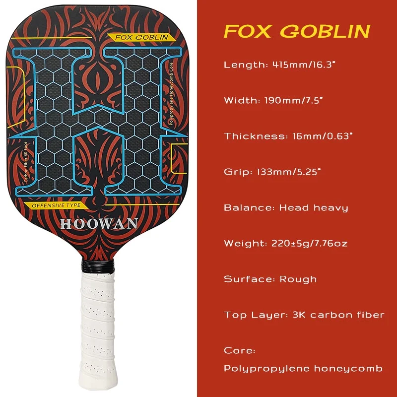 

Genuine HOOWAN FOX GOBLIN Pickleball Paddle Carbon Fiber 3K Offensive Pickleball Racket Edgeless Rough Surface 16MM with the Bag