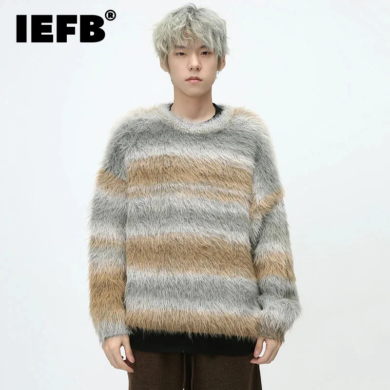 

Мужской вязаный пуловер IEFB в полоску, мохеровый пуловер контрастных цветов с круглым вырезом, модные корейские мужские пуловеры, свитер, стильные парные вязаные пуловеры 9C3977