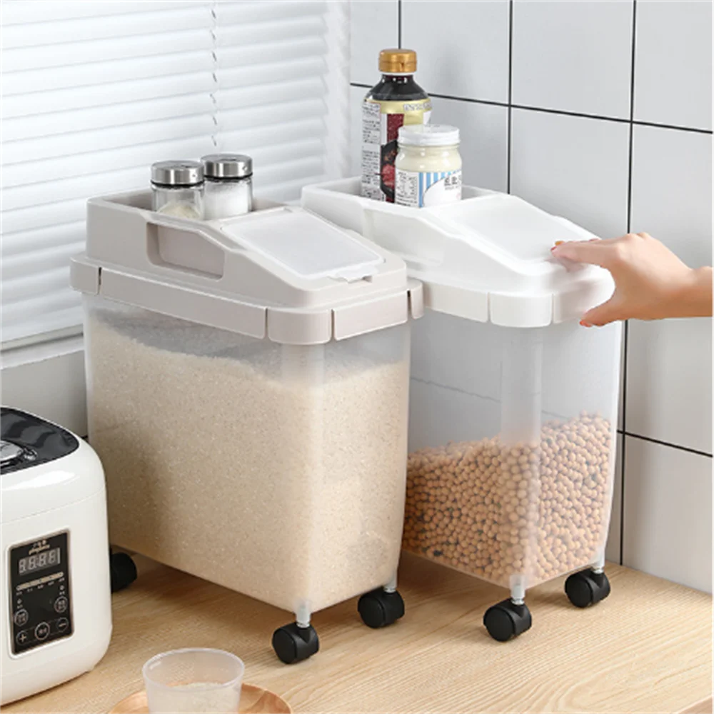 

Rice Dispenser Kitchen Large Capacity Grain Container With wheels Moisture Proof Household Soybean Corn Cereal Storage Box