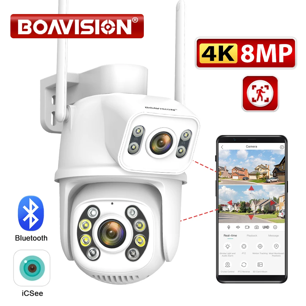 8MP 4MP Wifi Camera Outdoor PTZ Dual-Lens Dual-Screen Ai Humanoid Detection Auto Tracking Onvif Surveillance Camera iCSee App