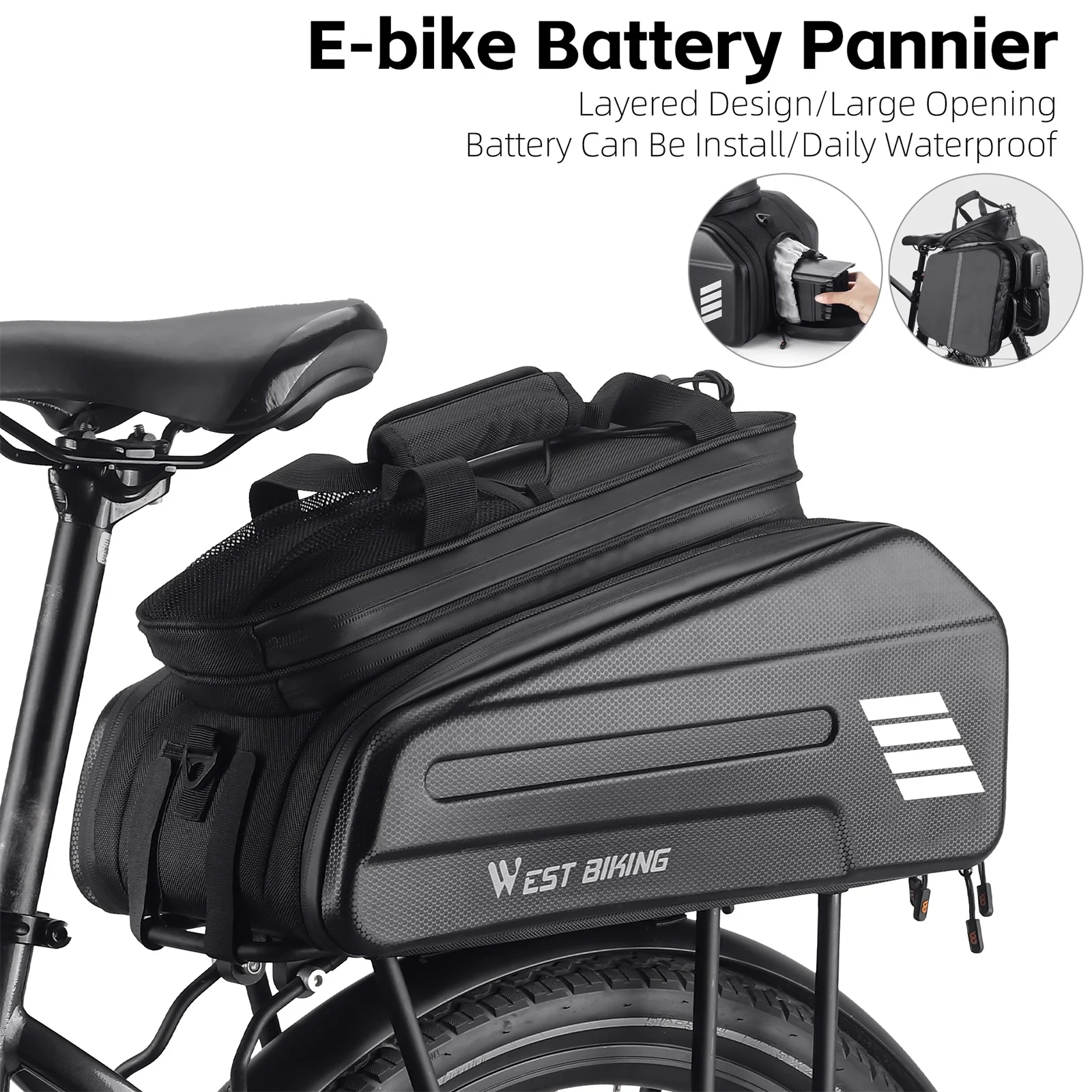 

E-Bike RearSeat Bag Electric Bicycle Battery Bag Expandable Large Capacity Bicycle Rack Seats Bag Waterproof Cycling Bag