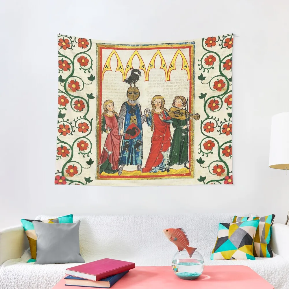 Cavaliere Del Cigno Che Balla Con Belle Signore, Musica Violino, Miniatura Medievale Con Rose Selvatiche Arazzo Decor Arazzo Per La Casa