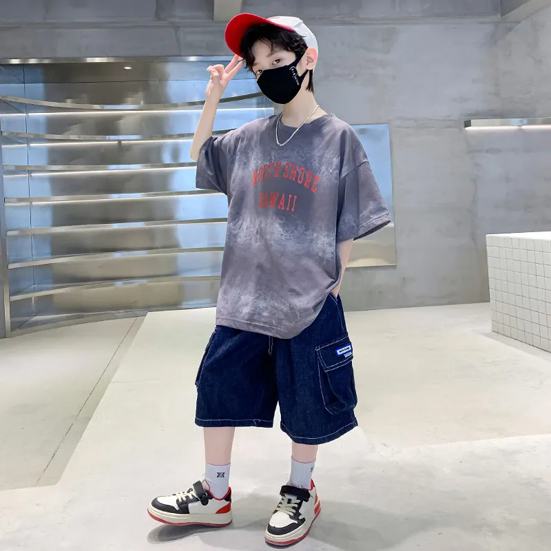 

New Summer Boys Tie-Dye Clothes Sets Children Short Sleeve Fashion T-shirt + Shorts 2pcs Kids Outfits 5 6 7 8 10 11 12 13 14Yrs