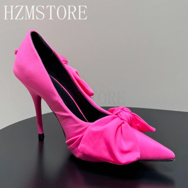 

Summer 2024 Luxury Brand Satin High Heels Women Large Bow Knot Pumps Thin Heel Pointy Toe Sweet Mules Slippers Wedding Shoes
