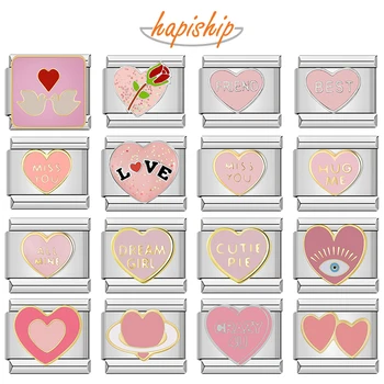 Hapiship 2024 Women's Pink Romantic Heart Cat Flower Italian Charms Links Beads Fit 9mm Stainless Steel Bracelet Jewelry ZH010 1