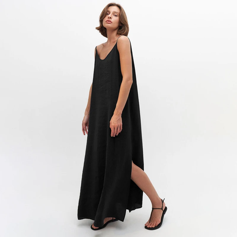 HiLoc Loose White Long Dress Robe V Neck Dresses Sleeveless Straight Robes...