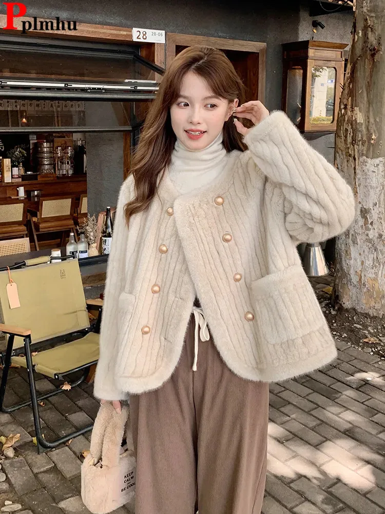 

Korean Faux Rabbit Fur Cropped Jackets Classics Trend Plush Women's Coat Casual Slim Casacas Winter Warm Elegant Ceketler New