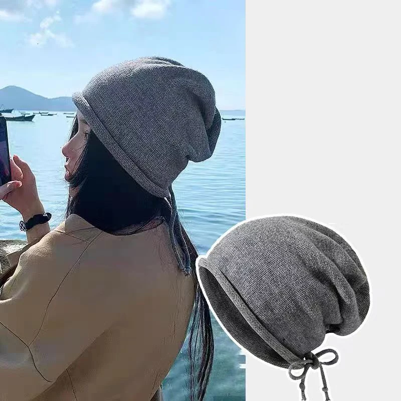 Warm Knitted Baggy Beanie Hat Women Men Drawstring Kpop Slouchy Wool Cap Winter Spring Soft Skullcaps Outdoor Windproof Bonnet 3