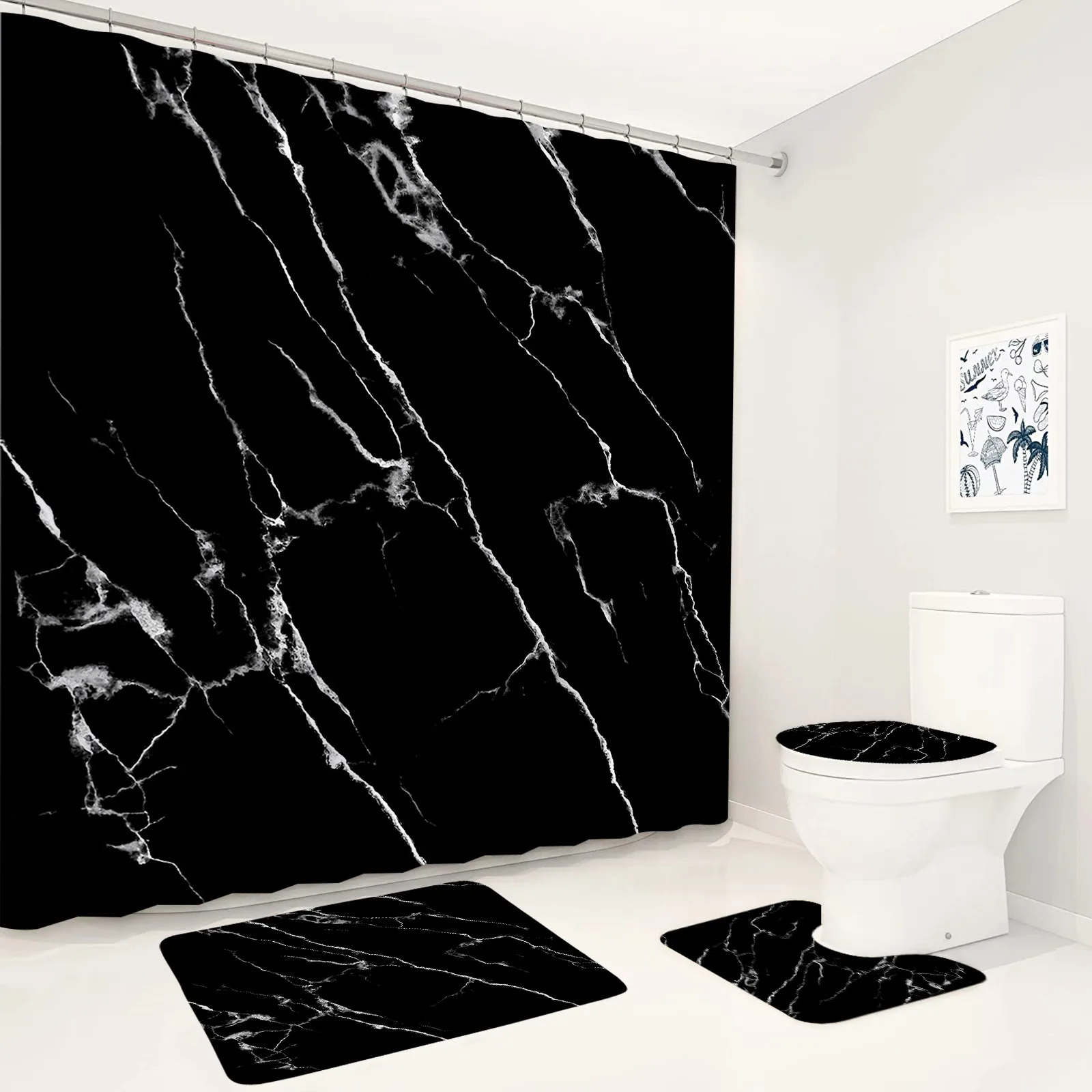 

Abstract Black Marble Shower Curtain Set White Crackle Art Pattern Modern Bathroom Decor Non-Slip Rug Bath Mats Toilet Lid Cover