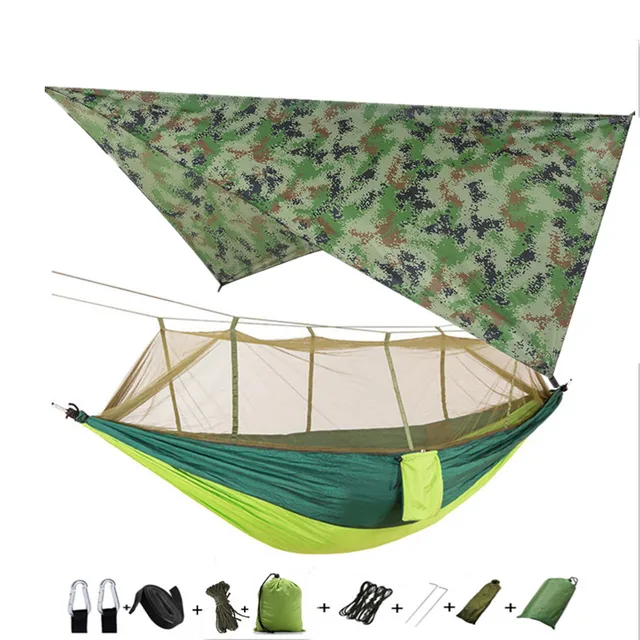 Lightweight Portable Camping Hammock and Tent Awning Rain Fly Tarp Waterproof Mosquito Net Hammock Canopy 210T Nylon Hammocks camou and lightgreen